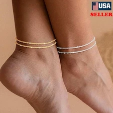 Sterling Silver Ankle Bracelets Dainty Layered Adjust Waterproof Anklet Women US