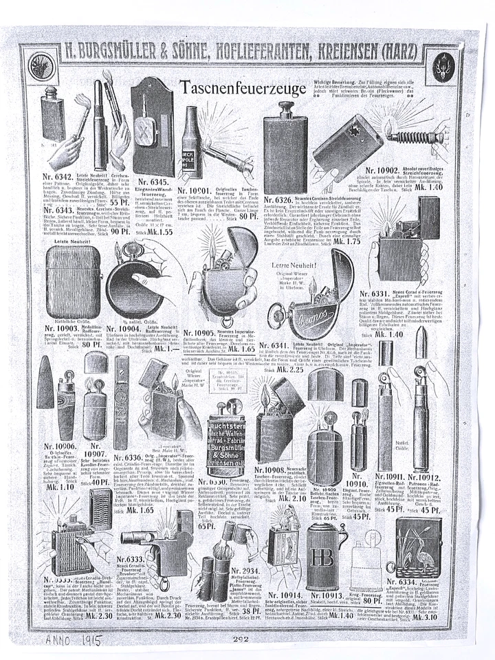 Vintage Benzinfeuerzeug Prospektseite Kopie historische Taschenfeuerzeuge 1915 - Bild 1 von 1
