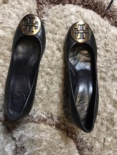 Womens 7.5 M Tory Burch Sally Wedge Black Leather Pumps Heels
