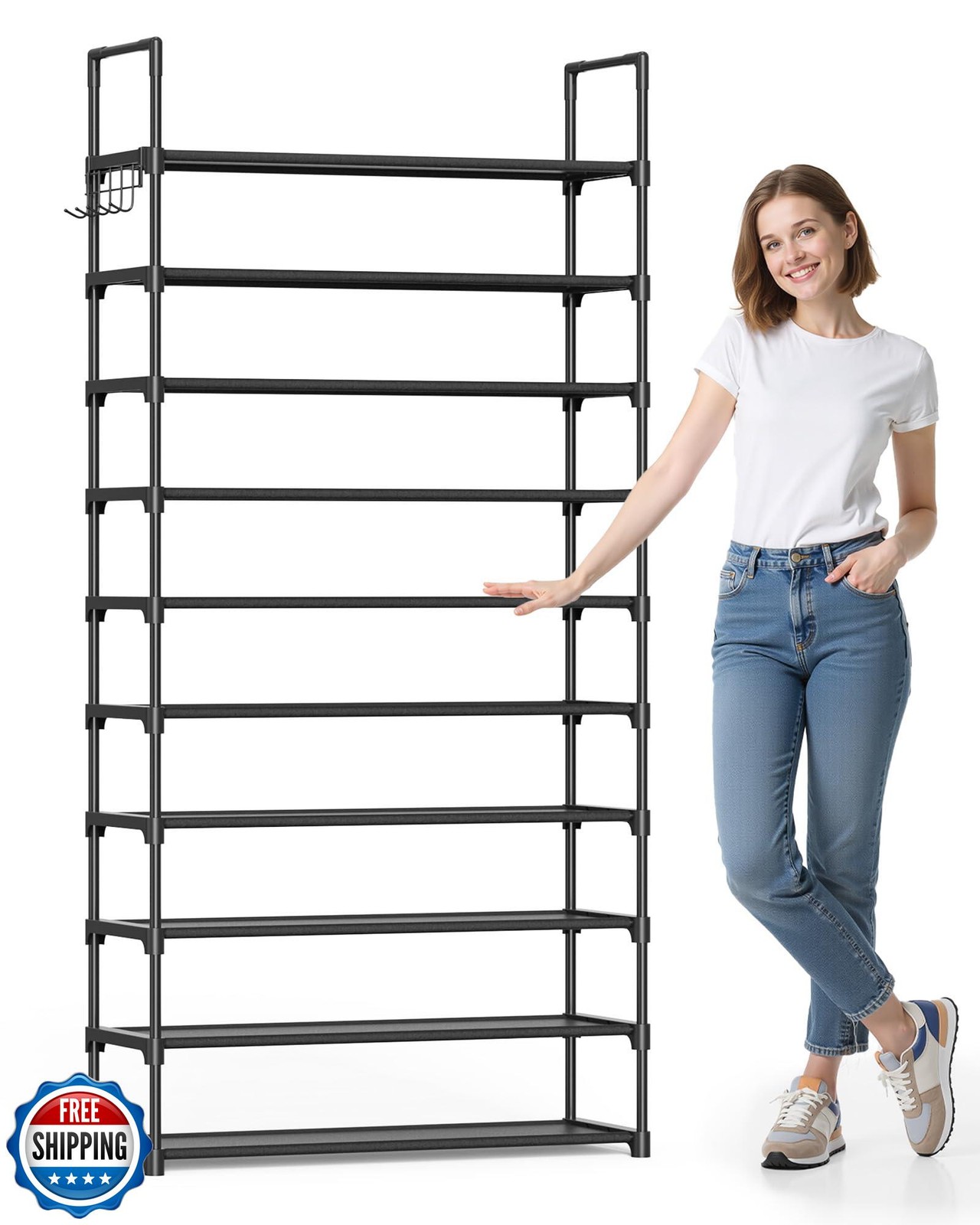 10-Tier Shoe Rack Organizer with Hooks for Closet Storage-image