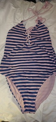 No Boundaries One Piece Monokini Pink Blue 11 13 Striped Pink Blue Halter Tie 