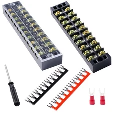 2 Sets 10-Position Dual Row Terminal Block 25A 600V w/Cover & Connectors US