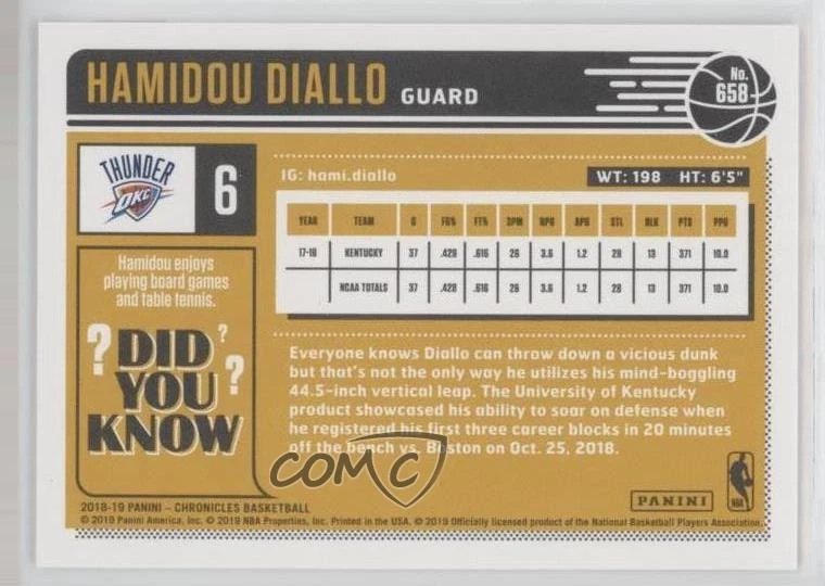 2018-19 Panini Chronicles Classics Gold /10 Hamidou Diallo #658 Rookie RC - Image 2 of 2