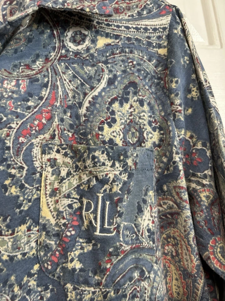 Lauren Ralph Lauren Sleep Shirt Gown Size Medium Blue Paisley Monogram Button Up - Image 3 of 4