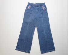 Vintage 70s Streetwear Womens 28 Faded Embroidered Flower Bell Bottoms Jeans USA