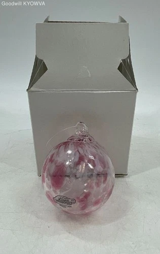 Blenko Handcrafted Pink & White Speckled Art Glass Ornament w/ Box