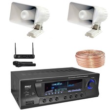 Pyle Home Amplifier, 2x 6'' 50W Indoor/Outdoor Speaker, Wire, Microphone System