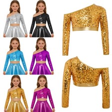 Kids Girls Top Competition Shirts Long Sleeve Crop Top Sequins Jazz Tee Dance