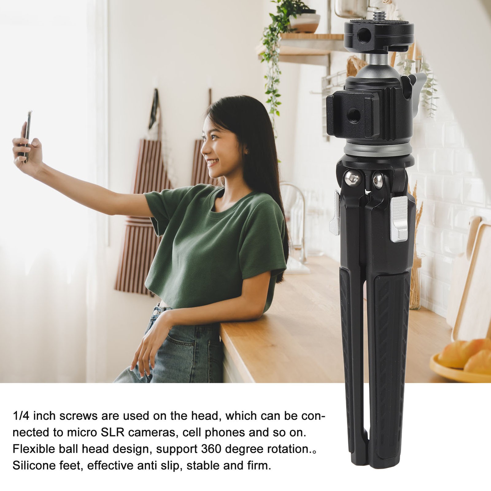 Tabletop Tripod 360° Rotating Ball Head 4Kg Load Capacity 1/4 Inch Screws TJS