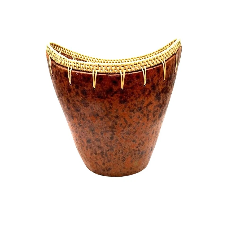 "Florero de cerámica marrón vintage 8"" borde tejido hecho a mano decoración boho suroeste" Foto 3 de 4