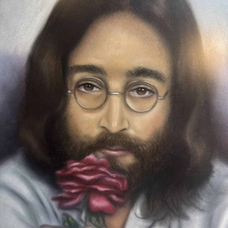 "Retrato enmarcado vintage de John Lennon 22x26"" arte póstumo firmado por artista 1982" Foto 2 de 4