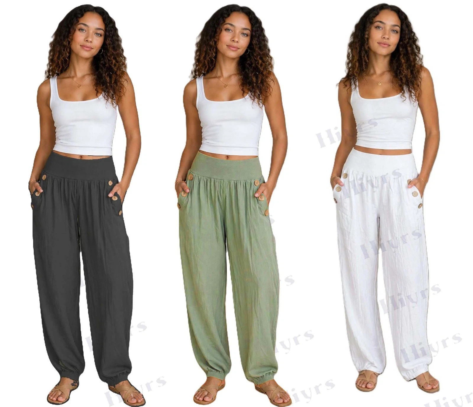 SUMMER LADIES ITALIAN FULL LENGTH BUTTON DESIGN LINEN TROUSERS BUTTON DESIGN