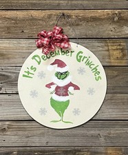 It  s December Grinches 18  Round door hanger wood hand painted.