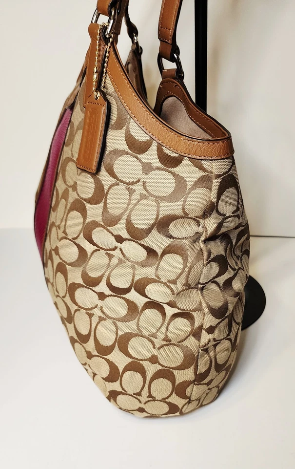 NEW Coach Signature Stripe City Tote Large Khaki & Fuschia Shoulder Bag F31444 - Image 3 of 4