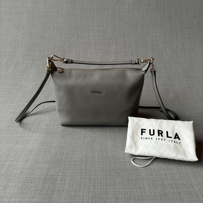 FURLA Gray Leather 2-Way Shoulder Bag Pochette Excellent Condition