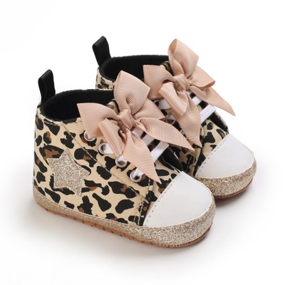 Toddler Girl Sneakers - Cute Leopard Print & Lace Shoes with Bowknot, Soft Sole