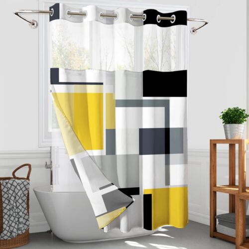 Yellow Hookless Shower Curtain Set with Snap in Liner Yellow Black White Bath...