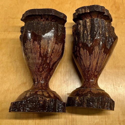 9" Mid Century Hand Turned Vintage Chrysanthemum Wood Vases or Candle Holders - Picture 2 of 12
