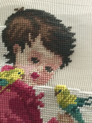 Needlepoint Preworked Canvas Boy Birds Pink Green 14x11 Started Vtg - Picture 4 of 7