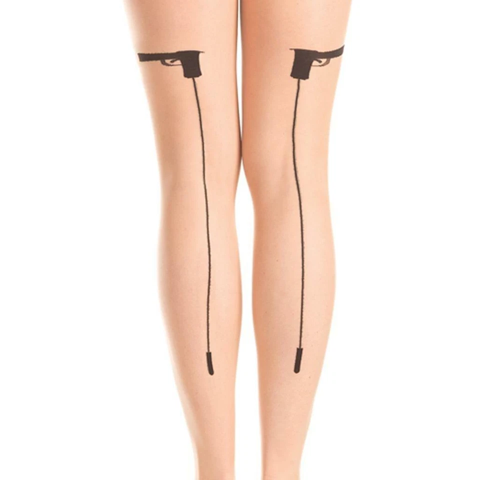 Pantimedias transparentes pistola tiro costura trasera diseño gángster mafia mafioso disfraz BW413 Foto 2 de 4