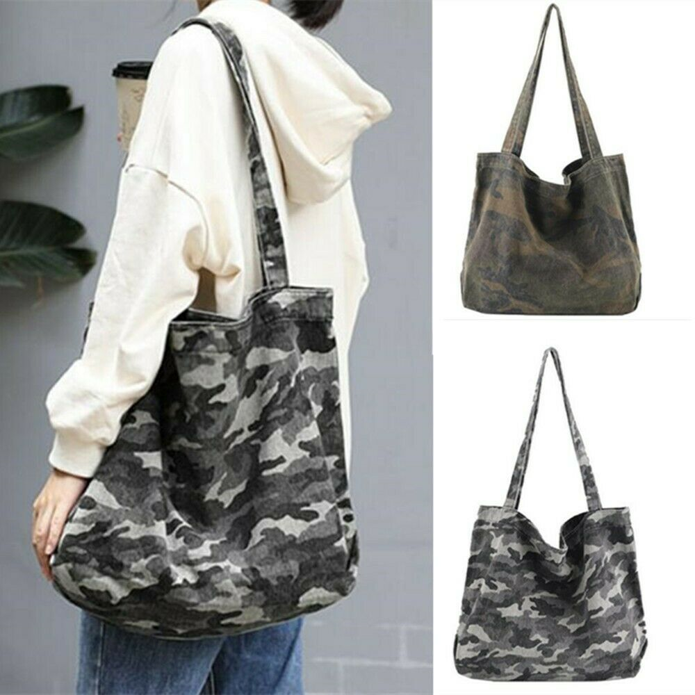 Women Vintage Canvas Camouflage Large Tote Shoulder Bag Shopping Handbag
