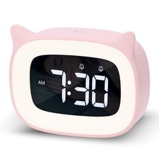 NESIFEE Pink Alarm Clock with Night Light Cute Cat Alarm Clocks for Girls Tod...