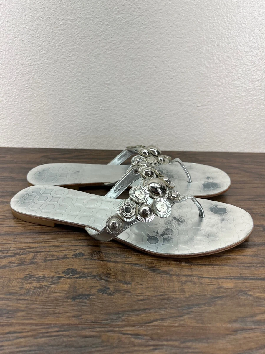 Coach Olivia Silver Metallic Embellished Op Art Embossed Flip Flop Sandals