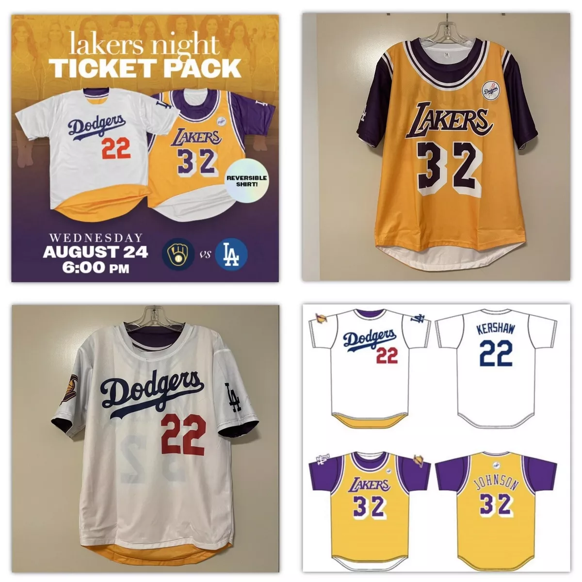 NEW LA Dodgers Lakers Night Reversible Jersey SGA 8/24/2022 Kershaw Magic  Medium