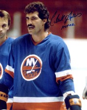 CLARK GILLIES SIGNED 8x10 PHOTO + HOF 02 NEW YORK ISLANDERS RARE BECKETT BAS