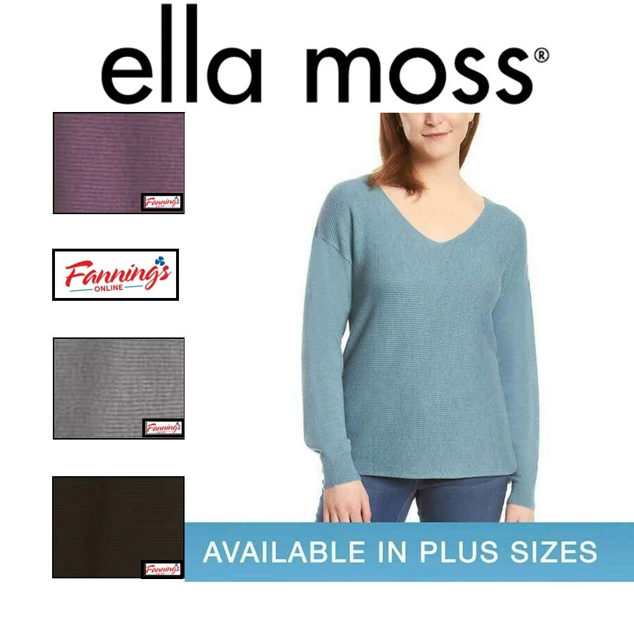 Ella Moss Ladies Ribbed V Neck Sweater Cuffed Long Sleeve Top B13