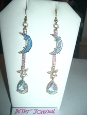 Crescent Moon Star Pink Blue Crystals Dangling Betsey Johnson Pierced Earrings