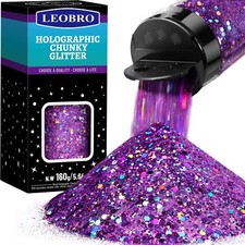 LEOBRO Purple Glitter 160g/5.64oz Holographic Chunky Glitter for Crafts Resin...