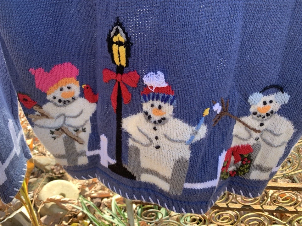 Quacker Factory Vintage Blue Snowmen Cotton Blend Christmas Cardigan Size M - Image 4 of 4