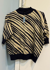 Ann Taylor Navy Beige Striped Knit Crew Neck Short Sleeve Pullover Sweater XS