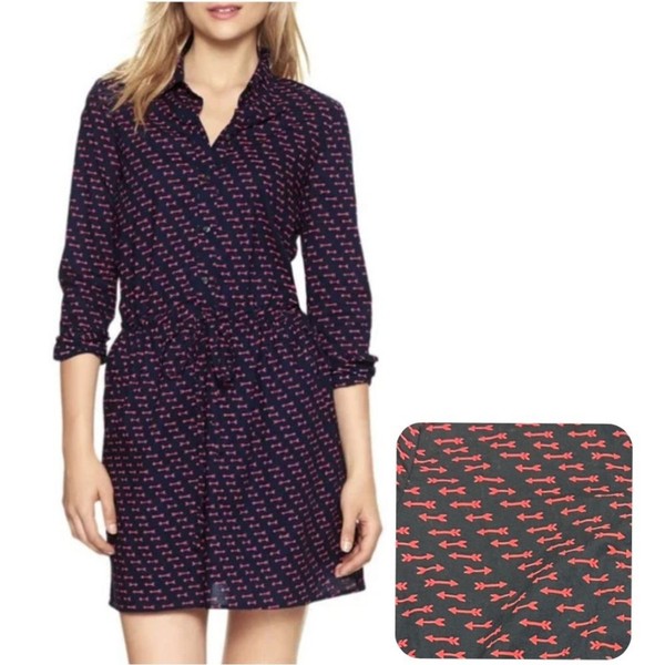 Gap Navy Red Pink Arrow Print Shirt Dress Medium Long Sleeve Cotton Button Front