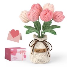 9" Crochet Tulip Bouquet with Vase, Handmade Knitted Flowers Pot, Never Wilt ...