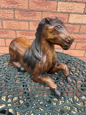 Vintage Wooden Horse Sculpture Laying Down Hand Carved Wood Equestrian Figurine