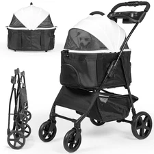 4 Wheels Foldable Pet Stroller 3-in-1 Travel Carrier Car Seat Detachable Basket