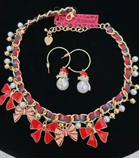 Red & Green Tartan Betsey Johnson Red Enamel Bows Crystals Faux Pearl Necklace 