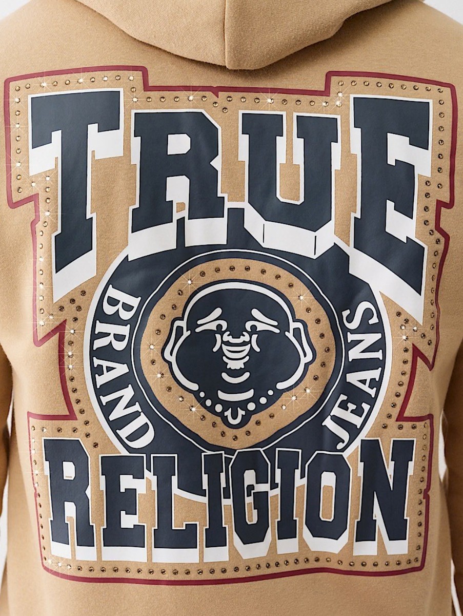 True Religion Hoodie Mens Retro Stud Zip-up Large Tan Brand New