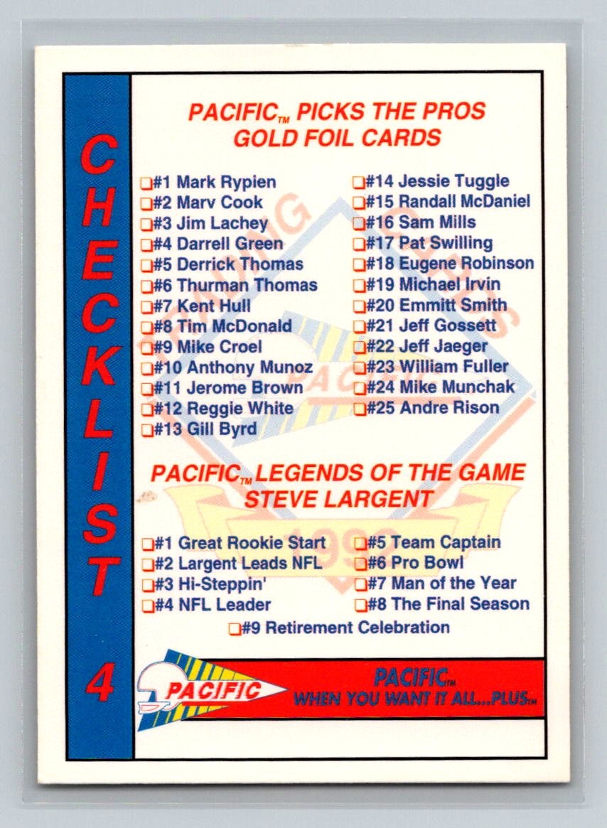 1992 Pacific Checklists #4 Checklist 4: Inserts Football Card