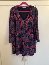 ADINI L STRETCH COTTON TUNIC PKTS/PLEATS V NECK PURPLE/JADE LENGTH 31’’ PIT 23’’