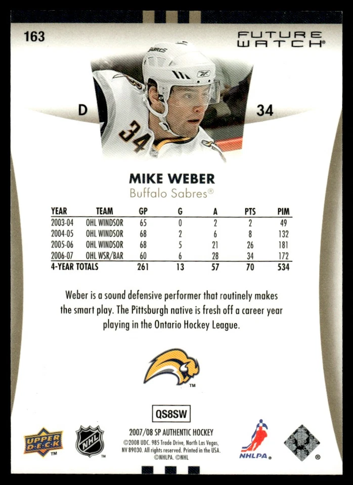 2007-08 SP Authentic FUTURE WATCH Mike Weber Rookie /999 Buffalo Sabres #163 - Image 2 of 2