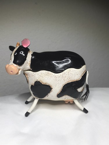 Vintage Black And White Cow Trinket Box Figurine ~ Resin - Picture 5 of 16