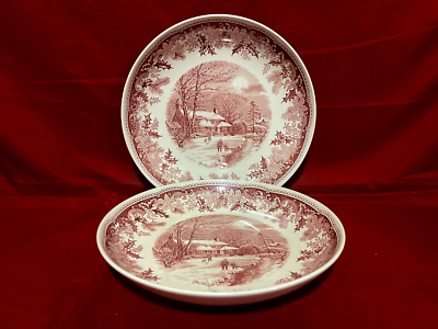 Spode Winter's Eve Cranberry Red & White Set Of 2 Round Serving