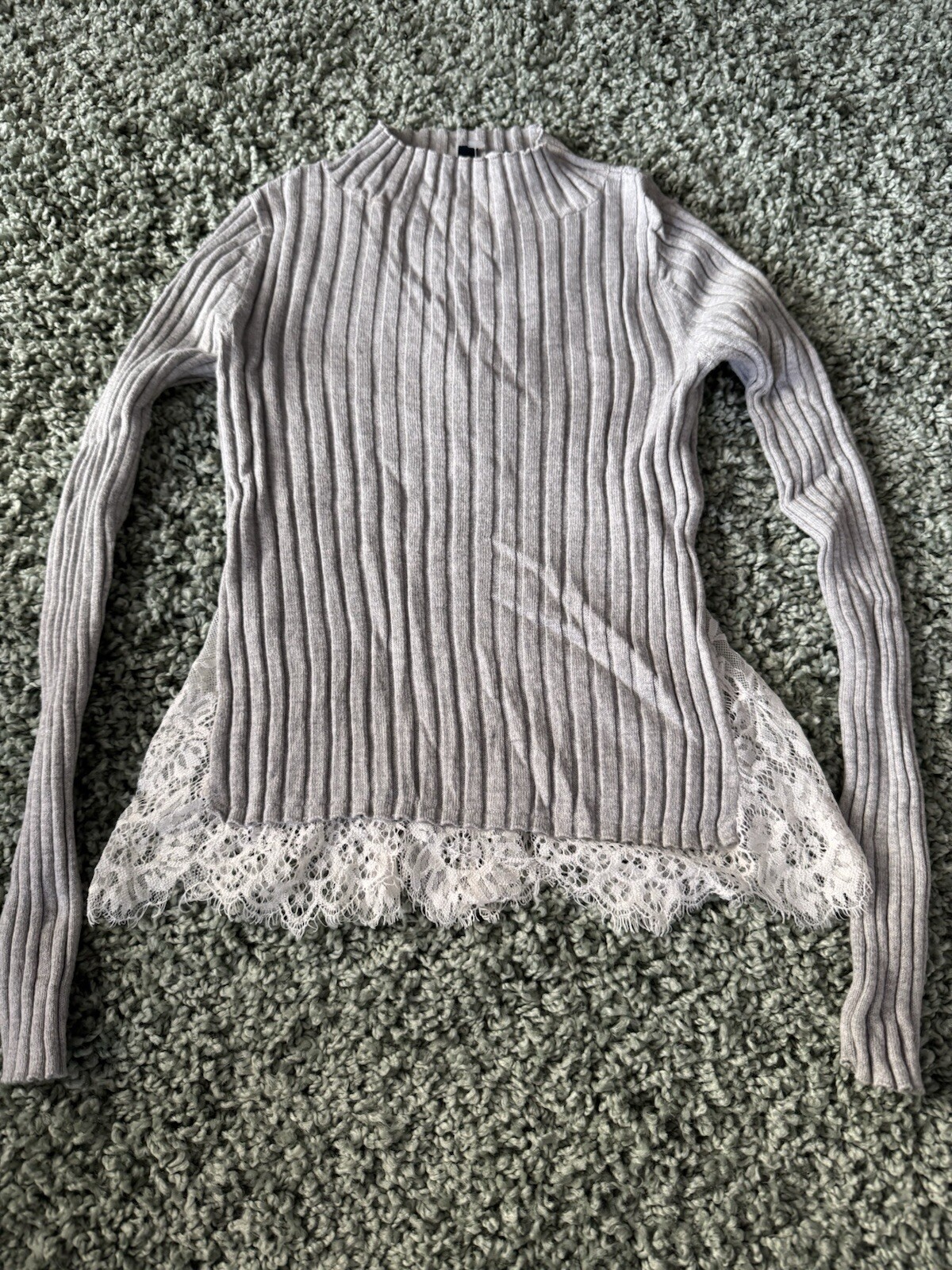 LADIES GREY FRENCH CONNECTIONRIB TURTLE NECK LONG SLEEVE TOP /LACE INSERT-XS-NEW