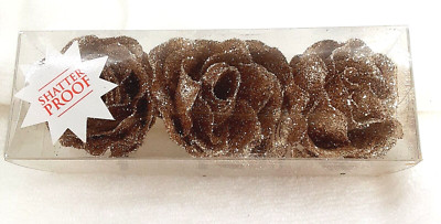 Hobby Lobby  (3) Christmas Roses Ornaments Shatter Proof Bronze/Gold/Glitter