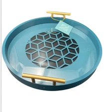 Kate and Laurel Caspen Round Cut Out Pattern Decorative Tray with Gold Metal