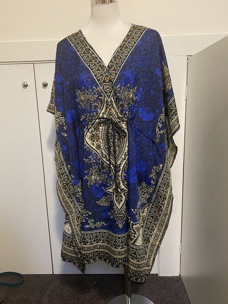 Womens One Size Kaftan Dress Blue Yellow Hippy Summer Vintage India Retro READ