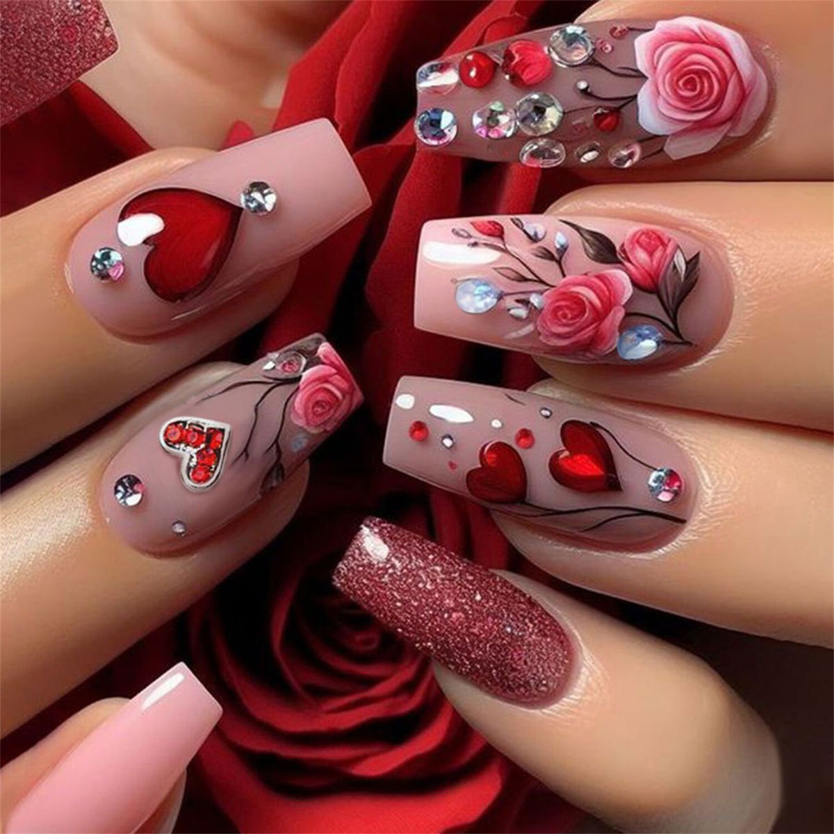 Elegant Floral Nail Design with Hearts